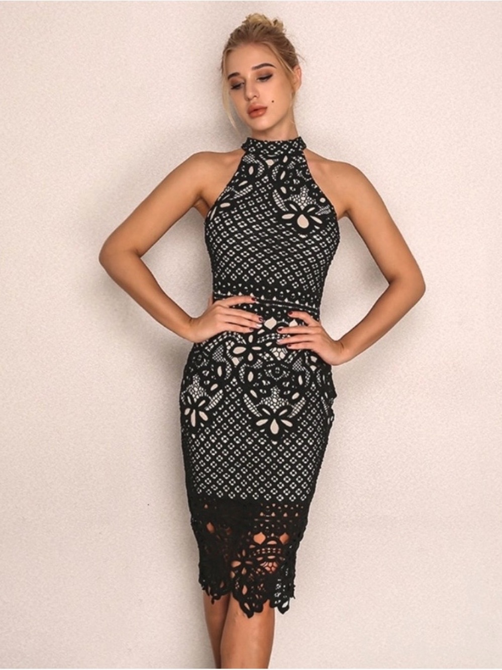 Rouge! Women's Black Eyelet Lace Halter Midi Dress size XL